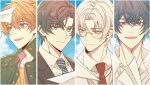  4boys :d artem_wing_(tears_of_themis) bangs black_jacket blue_eyes blue_sky brown_eyes brown_hair brown_vest closed_mouth clouds cloudy_sky coat collared_shirt formal glasses green_jacket highres jacket jiukuzi18797 looking_at_viewer luke_pearce_(tears_of_themis) male_focus marius_von_hagen_(tears_of_themis) multiple_boys necktie open_mouth purple_hair red_necktie shirt short_hair sky smile tears_of_themis upper_body vest vyn_richter_(tears_of_themis) white_coat white_hair white_jacket white_shirt yellow_eyes yellow_shirt 