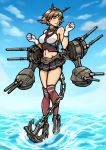 1girl anchor artist_request breasts chains cleavage clouds commentary day full_body gloves green_eyes headgear highres kantai_collection kikumon midriff mutsu_(kantai_collection) over-kneehighs red_legwear short_hair smile standing standing_on_liquid thigh-highs turret water white_gloves 