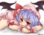  1girl 96mikuma artist_name bat_wings blue_hair blush dress hat hat_ribbon looking_at_viewer lying mob_cap pink_dress puffy_sleeves red_eyes remilia_scarlet ribbon short_hair short_sleeves smile solo tongue tongue_out touhou white_background wings wrist_cuffs 