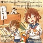  2girls :d animal blue_skirt brown_eyes brown_hair colored_pencil_(medium) commentary_request dated fang folded_ponytail hair_ornament hairclip hamster holding holding_spoon ikazuchi_(kantai_collection) inazuma_(kantai_collection) kantai_collection kirisawa_juuzou long_sleeves multiple_girls neckerchief non-human_admiral_(kantai_collection) numbered open_mouth pleated_skirt red_neckerchief sailor_collar school_uniform serafuku short_hair skirt smile spoon traditional_media translation_request twitter_username 