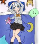  1girl :&gt; arms_up bed bed_sheet black_legwear black_skirt blanket blue_eyes blush bow bowtie braid breasts buttons closed_mouth crescent eromanga_sensei from_above grey_jacket hair_bow izumi_sagiri kneehighs long_hair long_sleeves looking_at_viewer looking_up lying necktie on_back on_bed orange_bow orange_necktie pillow pink_bow reacyua silver_hair single_braid skirt small_breasts smile stuffed_animal stuffed_toy tareme teddy_bear uniform very_long_hair 