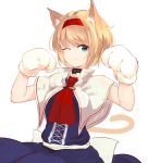  1girl ;3 alice_margatroid animal_ears ascot bangs blonde_hair blue_dress blue_eyes breasts capelet cat_ears cat_tail closed_mouth collar cowboy_shot dress gloves hairband highres homo_1121 kemonomimi_mode paw_gloves paws red_hairband sash short_hair solo tail touhou 