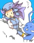  1girl altaria beak bird blue_background blue_helmet blush_stickers breasts buttons clouds d: floating_hair frown gym_leader hair_flaps helmet long_hair long_sleeves looking_away looking_down lowres matsumoto_waka medium_breasts nagi_(pokemon) open_mouth pantyhose pokemon pokemon_(creature) pokemon_(game) pokemon_rse purple_hair raised_eyebrows riding simple_background solid_oval_eyes teeth tongue unitard white_legwear wind 