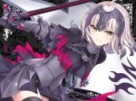  &gt;:) 1girl ahoge armor armored_dress bangs bankoku_ayuya black_dress black_legwear blush breasts capelet chains dress fate/grand_order fate_(series) faulds flag gauntlets green_eyes holding holding_sword holding_weapon jeanne_alter looking_at_viewer medium_breasts parted_lips ruler_(fate/apocrypha) silver_hair smile solo sword thigh-highs weapon 