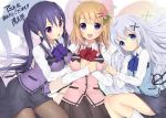  3girls :d arm_holding arm_hug blush chestnut_mouth double_arm_hug girl_sandwich gochuumon_wa_usagi_desu_ka? hair_ornament hairclip highres hoto_cocoa jpeg_artifacts kafuu_chino kneehighs matarou_(genkai_toppa) multiple_girls open_mouth pantyhose rabbit_house_uniform sandwiched smile tedeza_rize translated waitress white_legwear x_hair_ornament zoom_layer 