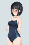  1girl @_@ arm_behind_back black_hair blue_swimsuit blush breasts cowboy_shot embarrassed grey_background hand_on_own_stomach highres leewh1515 medium_breasts mole mole_under_eye new_school_swimsuit original red_eyes short_hair simple_background smile solo sweat swimsuit wavy_mouth 