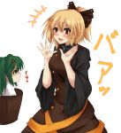  +++ 2girls absurdres amagi_(amagi626) anger_vein annoyed black_dress blonde_hair bow brown_dress brown_eyes dress green_eyes green_hair hair_bow hand_gesture highres japanese_clothes kimono kisume kurodani_yamame laughing layered_dress long_sleeves looking_at_another looking_at_viewer multiple_girls shaded_face short_ponytail simple_background size_difference sleeveless sleeveless_dress touhou turtleneck white_background white_kimono wide_sleeves 