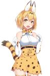  1girl animal_ears bare_shoulders blonde_hair blush bow bowtie elbow_gloves fang gloves kemono_friends noboru_(kamine204136) open_mouth print_bow print_gloves print_skirt serval_(kemono_friends) serval_ears serval_tail short_hair simple_background skirt solo tail thigh-highs white_background white_gloves yellow_eyes zettai_ryouiki 