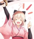  1girl :d ^_^ ahoge arm_up black_bow blonde_hair blush bow closed_eyes eyebrows_visible_through_hair facing_viewer fate/grand_order fate_(series) hair_bow happy holding holding_weapon japanese_clothes katana kimono nonono nononon obi open_mouth pink_background pink_kimono sakura_saber sash short_hair smile solo sword upper_body weapon white_background wide_sleeves 