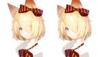 1girl animal_ears artist_name blonde_hair blue_eyes bow bowtie brown_bow brown_bowtie closed_mouth comparison eyebrows_visible_through_hair eyes_visible_through_hair frilled_shirt_collar frills hair_bow hair_over_one_eye highres looking_at_viewer meth_(emethmeth) multiple_views original portrait short_hair signature simple_background sketch striped striped_bow striped_bowtie upper_body white_background 
