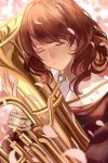  1girl blurry brown_hair cherry_blossoms closed_eyes closed_mouth depth_of_field euphonium head_tilt hibike!_euphonium highres holding_instrument instrument oumae_kumiko petals revision school_uniform smile solo zicai_tang 