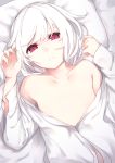  1girl albino arms_up bangs closed_mouth collarbone dress_shirt dutch_angle expressionless flat_chest highres looking_at_viewer lying no_nipples on_back open_clothes open_shirt original pillow red_eyes shirt solo swept_bangs tsunekichi upper_body white_hair 