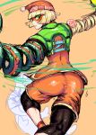  1boy absurdres arms_(game) ass bike_shorts blonde_hair bobblehat cobutter_(arms) from_behind green_eyes highres ichigai_(hayawossan) legwear_under_shorts looking_at_viewer min_min_(arms) short_hair shorts smile spinning 