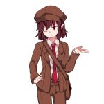  &gt;;&lt; 1girl ;&lt; bag blazer brown_blazer brown_hair brown_hat brown_shorts cabbie_hat closed_mouth collared_shirt flat_chest forbidden_scrollery frown hammer_(sunset_beach) hand_gesture hat head_tilt highres jacket necktie no_wings one_eye_closed pointy_ears red_eyes shameimaru_aya shirt short_hair shorts shoulder_bag solo tie_clip touhou 