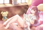  1girl barefoot blush collarbone legs long_hair looking_at_viewer pillow pink_hair redlynx rin_(shelter) shelter_(music_video) solo stuffed_animal stuffed_toy tablet teddy_bear thighs toes window 