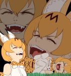  1girl animal_ears bare_shoulders bow bowtie brown_hair commentary_request elbow_gloves fangs finalcake gloves happy kemono_friends laughing laughing_tom_cruise meme serval_(kemono_friends) serval_ears serval_print sharp_teeth simple_background smile solo teeth white_background white_gloves zoom_layer 