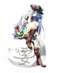  1girl black_hat blue_hair blue_skirt boots brown_boots cross-laced_footwear food frilled_skirt frills fruit full_body gorilla_(bun0615) hat highres hinanawi_tenshi lace-up_boots leaf long_hair looking_at_viewer peach puffy_short_sleeves puffy_sleeves rainbow_order red_eyes shirt short_sleeves sitting skirt solo touhou very_long_hair white_shirt 