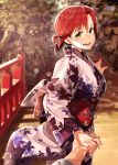  1girl alternate_costume blurry blush boudica_(fate/grand_order) bridge contemporary depth_of_field fate/grand_order fate_(series) floral_print green_eyes hair_between_eyes hand_holding highres japanese_clothes kerorira kimono leaning_forward light_particles lips looking_at_viewer obi open_mouth outdoors ponytail pov redhead sash short_hair short_ponytail smile solo_focus 