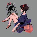  bag bandaid black_cat bow brown_hair cage cat doodlebozo dress hair_bow hairband highres majo_no_takkyuubin messenger_bag short_hair shoulder_bag studio_ghibli witch 