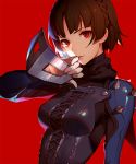  1girl ask_(askzy) braid brown_hair gloves mask mask_removed niijima_makoto persona persona_5 red_background red_eyes scarf solo 