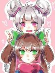  2girls :d :t ahoge bangs behind_another blush bow brown_hair closed_mouth double_bun double_v eyebrows_visible_through_hair green_bow green_eyes grey_hair hair_bow hair_ornament hair_rings hair_scrunchie hand_up hands_up heart long_hair looking_at_another looking_away looking_down looking_to_the_side multiple_girls open_mouth outline pink_background pink_eyes pink_scarf scarf scrunchie short_hair simple_background sketch smile triangle v wangzhe_rongyao 