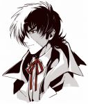  1boy black_hair black_jack_(character) black_jack_(series) fujikiti male_focus multicolored_hair red_eyes scar signature solo stitches upper_body white_hair 