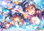  2017 5girls ball bird_tail black_hair blue_sky blush breasts brown_eyes cleavage closed_eyes clouds cloudy_sky day ek_masato emperor_penguin_(kemono_friends) gentoo_penguin_(kemono_friends) headphones hood hoodie humboldt_penguin_(kemono_friends) ice ice_crystal jacket kemono_friends leotard long_hair looking_at_viewer lying multicolored_hair multiple_girls on_back on_stomach open_mouth parted_lips playing red_eyes rockhopper_penguin_(kemono_friends) royal_penguin_(kemono_friends) short_hair sky smile snowflakes sun sunlight text thigh-highs twintails 