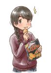  1girl black_skirt braid brown_eyes brown_hair brown_jacket chips eating eyebrows_visible_through_hair food food_on_face jacket kantai_collection karasu_(naoshow357) long_hair pleated_skirt potato_chips school_uniform serafuku simple_background single_braid skirt solo thick_eyebrows track_jacket uranami_(kantai_collection) white_background 