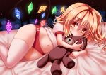  1girl belly blonde_hair buruma curvy flandre_scarlet hair_between_eyes highres long_hair lying moura_(kenyuugetu) navel on_side puffy_short_sleeves puffy_sleeves red_eyes short_sleeves skindentation solo sportswear stuffed_animal stuffed_toy teddy_bear thick_thighs thigh-highs thighs touhou white_legwear wide_hips wings 