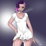  1girl arm_at_side breasts cleavage contrapposto cowboy_shot ear_piercing hand_on_hip highres medium_breasts multicolored_hair multiple_piercings nail_polish overwatch piercing raised_eyebrows sketch smirk solo sombra_(overwatch) ssalsin thighs violet_eyes 