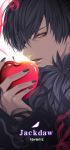  1boy apple artist_name backlighting black_hair black_nails character_name face food fruit fur_trim hair_over_one_eye herowarz jackdaw male_focus nail_polish profile ravaniz red_eyes solo white_background 