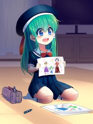  1girl :d alternate_costume bangs blue_eyes blue_hat blue_skirt blush bow bowtie carpet child_drawing colored_eyelashes crayon curtains deviantart_sample drawing eyebrows_visible_through_hair full_body green_hair hair_tubes hat heart highres holding holding_paper image_sample indoors kneehighs kochiya_sanae long_hair mayenta moriya_suwako no_shoes on_floor open_mouth paper pencil_case red_bow red_bowtie round_teeth sailor_collar school_uniform seiza serafuku shelf shirt short_sleeves sitting sitting_on_floor skirt smile socks solo tareme teeth television touhou white_legwear yasaka_kanako younger 