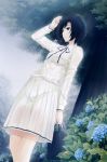  1girl absurdres bag black_hair flower highres kara_no_shoujo pleated_skirt rain ribbon school_bag school_uniform serafuku short_hair skirt snail solo sugina_miki tokisaka_yukari tree wet wet_clothes 