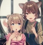  2girls :d :o animal_ears apron bangs black_nails blue_eyes blurry blurry_background bob_cut brown_hair cat_ears comb commentary_request eyebrows_visible_through_hair fang hair_ears hairclip_removed hairdressing hand_to_own_mouth holding jewelry light_brown_hair multiple_girls nail_polish open_mouth original pendant pink_nails short_hair siva_(executor) smile upper_body violet_eyes wavy_hair 