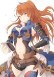  1girl armor armpits asymmetrical_bangs bangs beatrix_(granblue_fantasy) belt_buckle black_armor black_shorts blue_boots blue_cape boots breasts brown_belt buckle cape cleavage closed_mouth cowboy_shot crop_top floating_hair gauntlets granblue_fantasy hair_ornament hands_on_hips high_collar high_ponytail long_hair looking_at_viewer medium_breasts navel orange_eyes orange_hair petals red_legwear ryuga_(balius) shiny shiny_clothes shiny_hair short_shorts shorts simple_background smile solo standing thigh-highs thigh_boots turtleneck waist_cape white_background wide_sleeves 