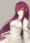  1girl bangs breasts brown_background brown_eyes closed_mouth fate/grand_order fate_(series) gae_bolg grey_background grey_sweater hair_intakes hiraba_6018 holding holding_weapon large_breasts long_hair looking_at_viewer polearm purple_hair ribbed_sweater scathach_(fate/grand_order) sidelocks simple_background solo spear sweater turtleneck turtleneck_sweater upper_body weapon 