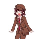 1girl bag blazer brown_blazer brown_hair brown_hat brown_shorts cabbie_hat d: forbidden_scrollery hammer_(sunset_beach) hands_clasped hat highres jacket necktie no_wings o_o open_mouth pointy_ears shameimaru_aya short_hair shorts shoulder_bag solo surprised sweat tie_clip touhou wide-eyed 