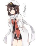  1girl bangs brown_eyes brown_hair commentary commentary_request hat ica kantai_collection necktie remodel_(kantai_collection) scarf sendai_(kantai_collection) short_hair simple_background skirt solo translated white_background 