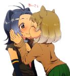  2girls ^_^ animal_ears antenna_hair bare_shoulders beaver_ears bikini_top black-tailed_prairie_dog_(kemono_friends) blush breasts cleavage closed_eyes dog_ears elbow_gloves fur_collar gloves gradient_hair green_hair hair_ornament hairclip hand_on_another&#039;s_face happy jacket kemono_friends kiss light_brown_hair long_sleeves multicolored_hair multiple_girls nervous_smile north_american_beaver_(kemono_friends) open_clothes open_jacket pleated_skirt prairie_dog_ears school_uniform short_hair simple_background skirt sleeveless smile sundomeya_(bang) sweat text torn_clothes torn_sleeves two-tone_hair upper_body wavy_mouth white_background yuri 