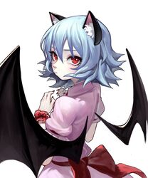  1girl animal_ears bat_wings black_wings blue_hair cat_ears fkey highres kemonomimi_mode looking_at_viewer nail_polish pink_shirt pink_skirt puffy_short_sleeves puffy_sleeves red_eyes red_ribbon remilia_scarlet ribbon sash shirt short_hair short_sleeves skirt smile solo touhou upper_body white_background wings wrist_cuffs 