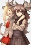  2girls ^_^ ^o^ animal_ears antlers blush body_mahattaya_ginga breasts closed_eyes crossed_arms fur_collar kemono_friends lion_(kemono_friends) lion_ears lion_tail long_hair long_sleeves moose_(kemono_friends) multiple_girls necktie open_mouth pleated_skirt school_uniform short_sleeves simple_background skirt smile tail teeth white_background 