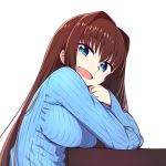  1girl :d aozaki_aoko blue_eyes blue_sweater blush breasts brown_hair chan_co hair_intakes large_breasts long_hair long_sleeves looking_at_viewer mahou_tsukai_no_yoru open_mouth ribbed_sweater simple_background smile solo sweater upper_body white_background 