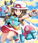  1girl armpits between_breasts blue_(pokemon) breasts brown_eyes brown_hair hat long_hair magnemite panties pleated_skirt poke_ball pokemoa pokemon pokemon_(game) pokemon_frlg porkpie_hat porygon red_skirt shirt sidelocks skirt sleeveless sleeveless_shirt smile strap_cleavage tentacruel underwear wristband 