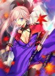  1girl asymmetrical_hair blue_eyes breasts cleavage detached_sleeves dual_wielding earrings fate/grand_order fate_(series) frills fuyuki_(neigedhiver) halterneck holding holding_sword holding_weapon japanese_clothes jewelry katana kimono miyamoto_musashi_(fate/grand_order) ponytail sash scabbard sheath silver_hair solo sword thigh-highs weapon 