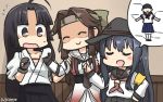  +++ 3girls akatsuki_(kantai_collection) anchor_symbol armband black_hair brown_hair collar_grab dated elbow_gloves flat_cap flying_sweatdrops forehead_protector gloves hachimaki hair_intakes hamu_koutarou hat headband highres jintsuu_(kantai_collection) kantai_collection long_hair low-tied_long_hair multiple_girls neckerchief partly_fingerless_gloves remodel_(kantai_collection) school_uniform serafuku shaded_face shouhou_(kantai_collection) smile yugake 