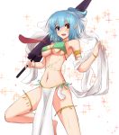  1girl absurdres alternate_costume alternate_hairstyle amagi_(amagi626) arabian_clothes armlet bangs barefoot blue_eyes blue_hair blush bracelet breasts cowboy_shot dancer green_panties hagoromo hair_between_eyes heterochromia highres hips holding holding_umbrella jewelry karakasa_obake knee_up looking_at_viewer medium_breasts navel necklace open_mouth panties pelvic_curtain red_eyes revealing_clothes shawl short_hair short_ponytail simple_background skirt solo sparkle string_panties sweatdrop tatara_kogasa thighs thong tongue touhou umbrella under_boob underwear waist white_background white_skirt 