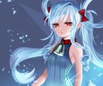  1girl bell bemani blue_background blue_hair character_request collar drill_hair hair_rings lips ravaniz red_eyes sleeveless solo sound_voltex twintails upper_body 