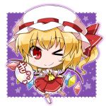  &gt;_o 1girl blonde_hair chibi eyebrows_visible_through_hair flandre_scarlet frilled_hat frilled_skirt frilled_sleeves frills hat hat_ribbon heart looking_at_viewer mob_cap noai_nioshi one_eye_closed puffy_short_sleeves puffy_sleeves purple_background red_eyes red_ribbon red_shoes red_skirt red_vest ribbon shoes short_sleeves side_ponytail skirt smile solo spoken_heart star starry_background touhou vest white_hat white_legwear wings wrist_cuffs yellow_ascot 