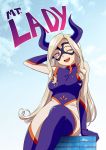  1girl ;d blue_sky bodysuit boku_no_hero_academia breasts building clouds drill_hair edalie english giantess hand_behind_head horns large_breasts long_hair looking_at_viewer mount_lady one_eye_closed open_mouth sitting sky smile solo teeth text violet_eyes 
