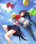  1girl akabane_hibame balloon bangs barefoot black_hair black_skirt black_wings blue_sky clouds cloudy_sky crop_top crop_top_overhang day eyebrows_visible_through_hair feathered flying foreshortening from_side hair_between_eyes head_wings highlights highres knee_up long_hair looking_at_viewer midriff multicolored_hair navel open_mouth original outdoors outstretched_arm pleated_skirt red_eyes redhead school_uniform serafuku short_sleeves skirt sky smile solo twintails two-tone_hair wings 